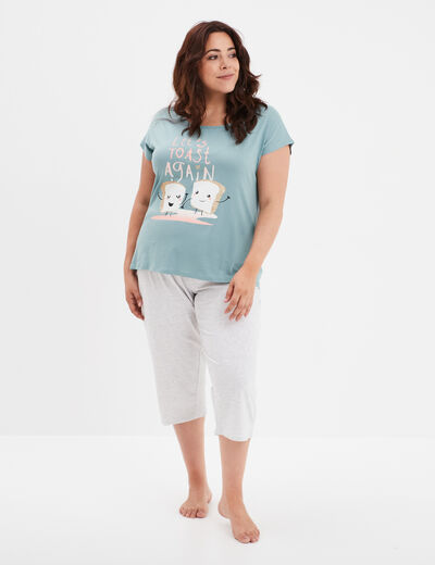 Ensemble pyjama corsaire 2 pièces coton bleu gris femme grande taille