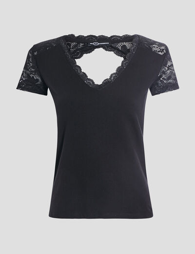 T-shirt détails dentelle dos ouvert noir femme