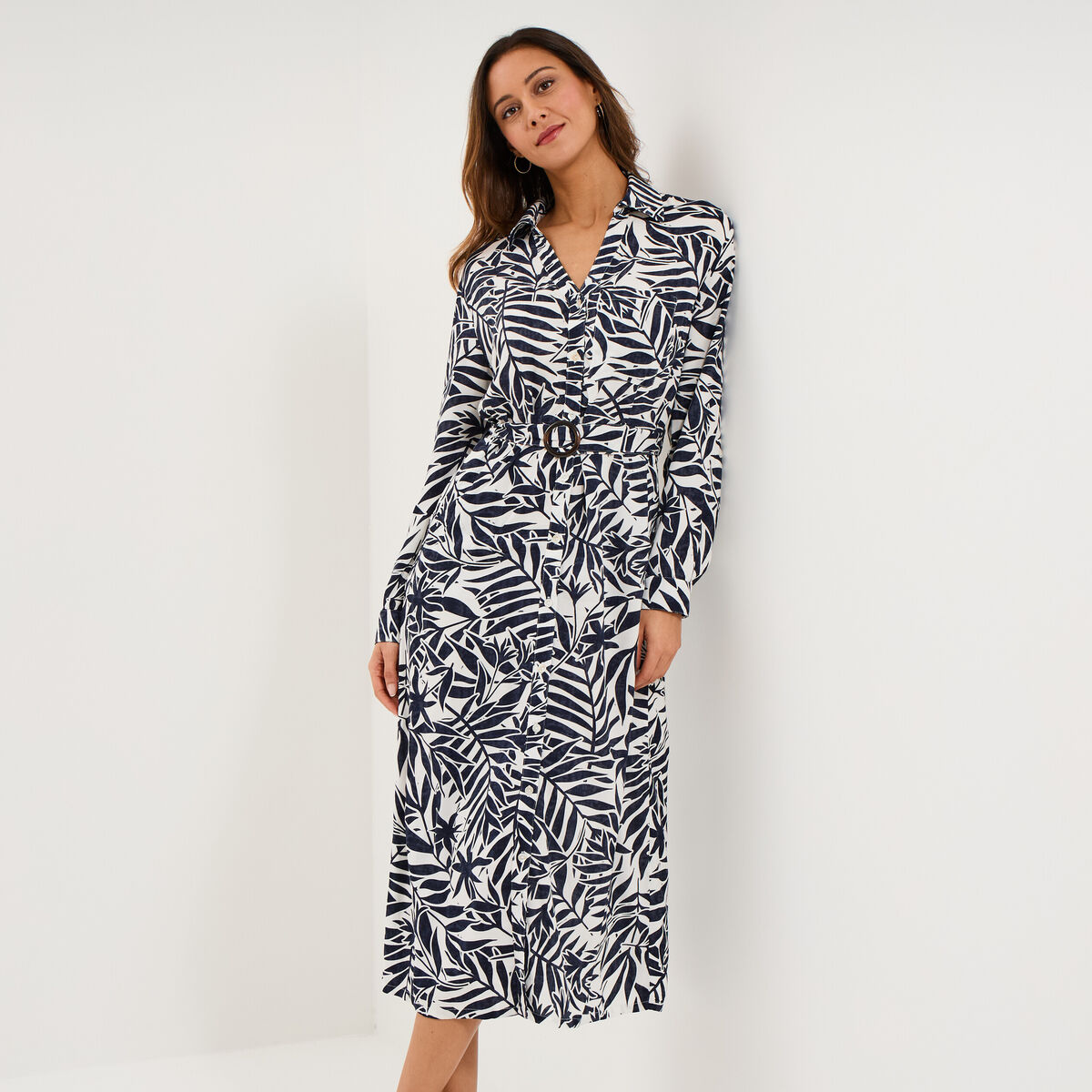 Robe chemise longue ceintur&eacute;e ecru femme