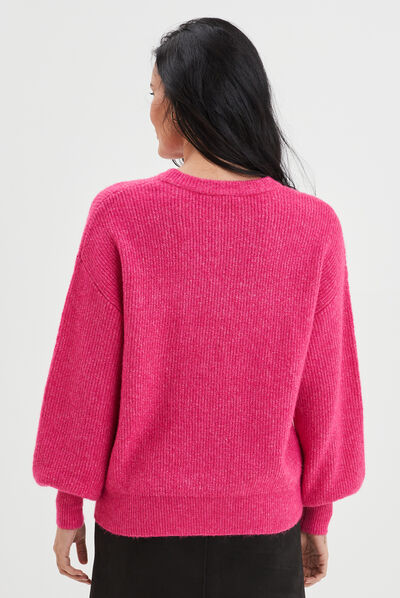 Pull col rond manches ballons rose fushia femme