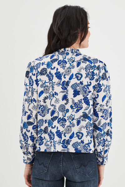 Blouse col à cordons épaules smockées ecru femme