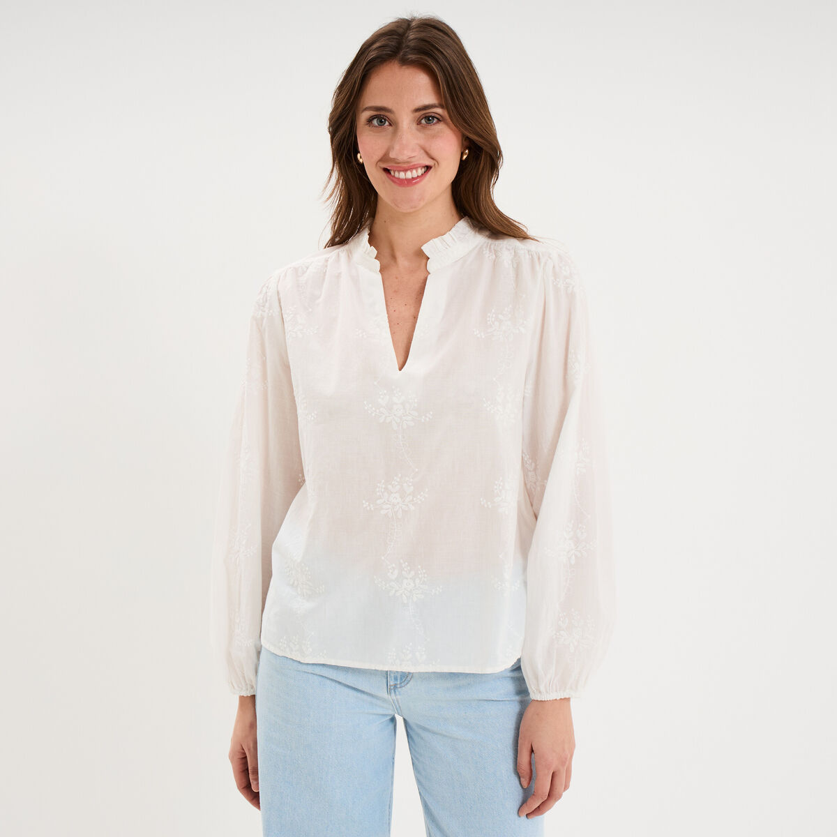 Blouse brod&eacute;e manches longues coton blanc femme