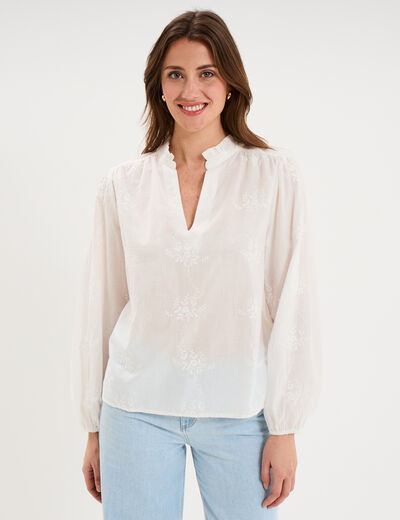 Blouse brod&eacute;e manches longues coton blanc femme