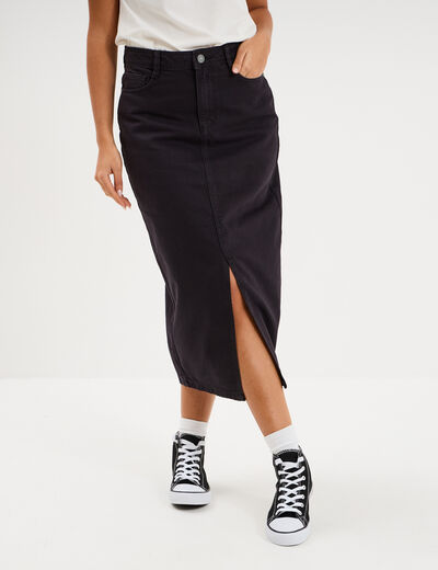 Jupe en jean longue fendue droite denim noir femme