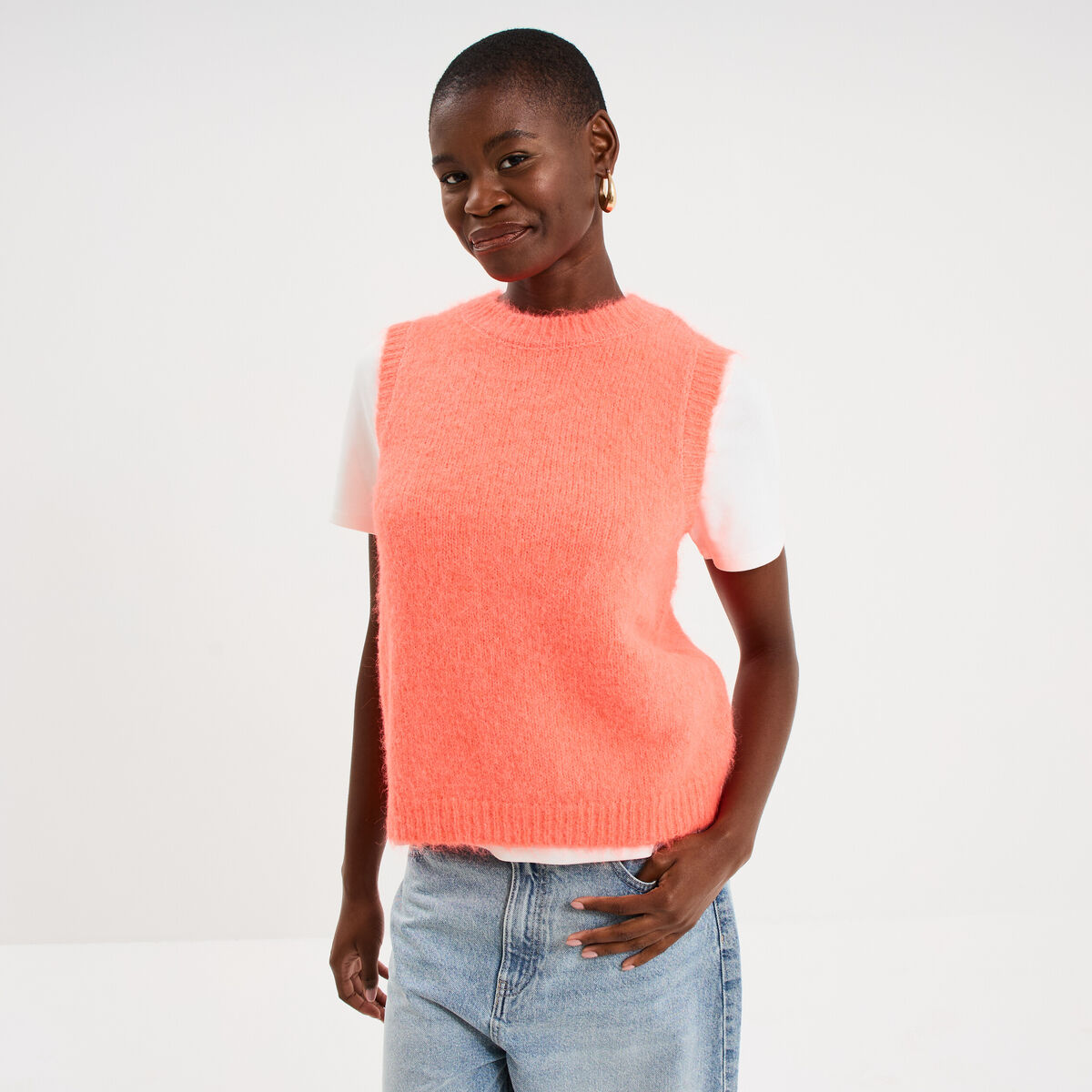 Pull sans manches col rond rose fluo femme