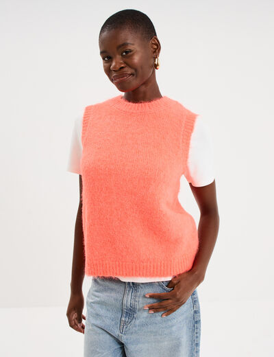 Pull sans manches col rond rose fluo femme