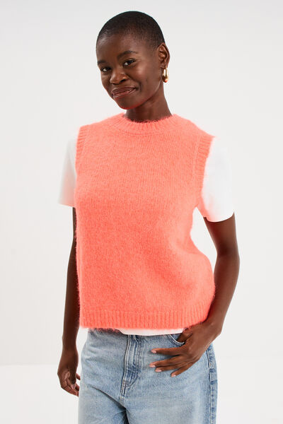 Pull sans manches col rond rose fluo femme
