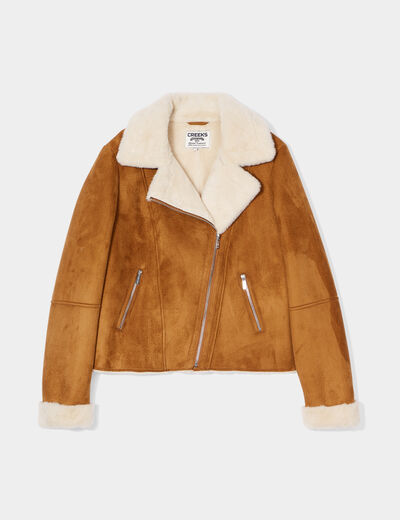 Veste col aviateur zippée doublée camel femme