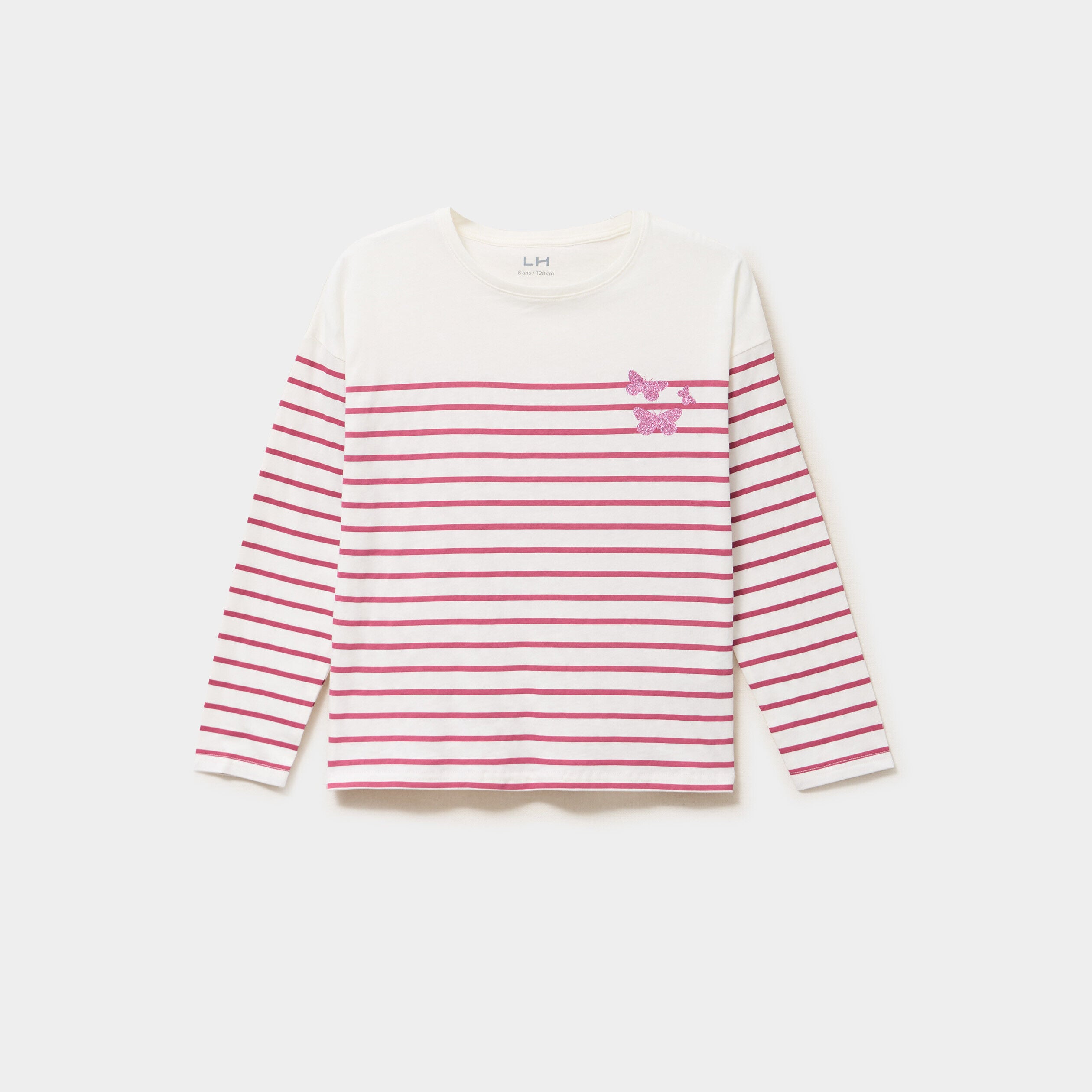 T-shirt coton col rond manches longues vieux rose fille LH