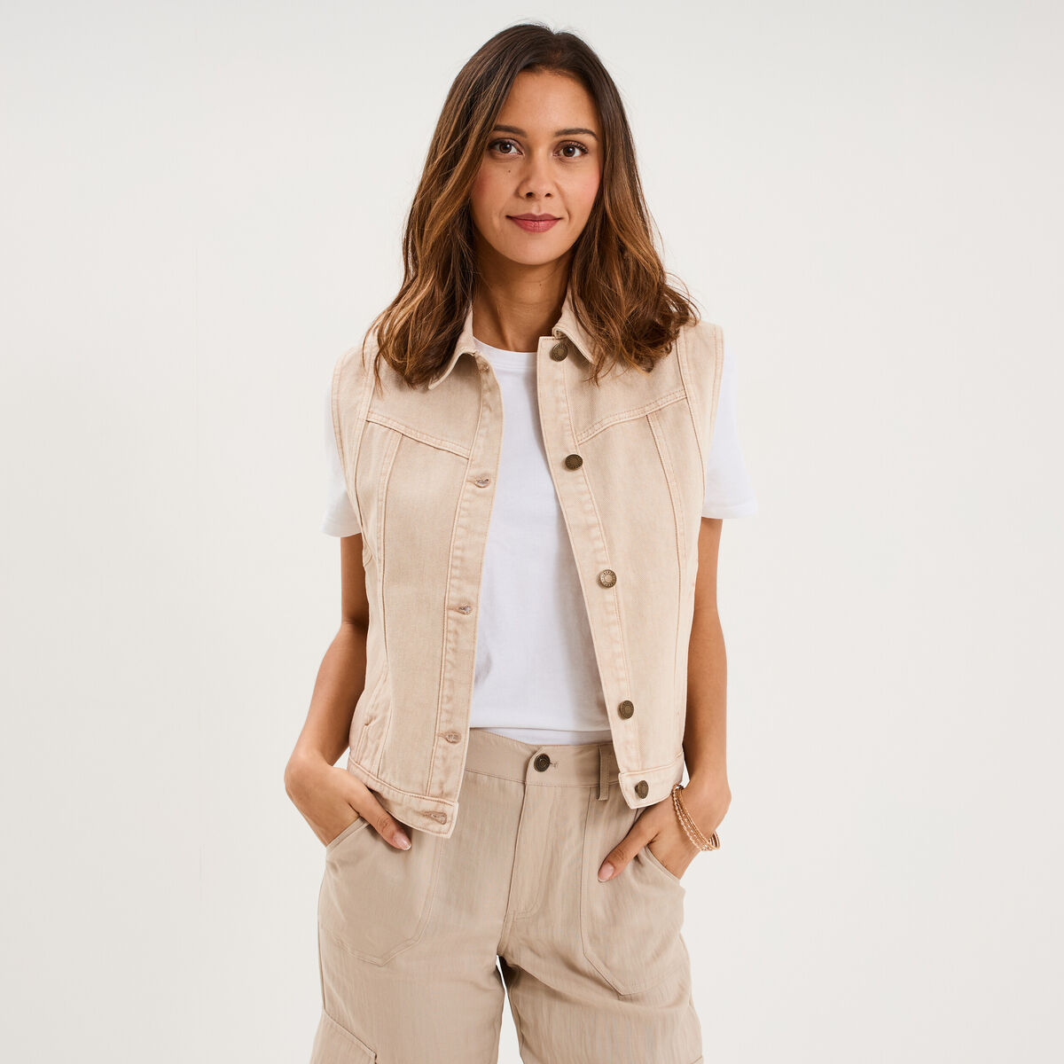 Veste en jean sans manches coton sable femme