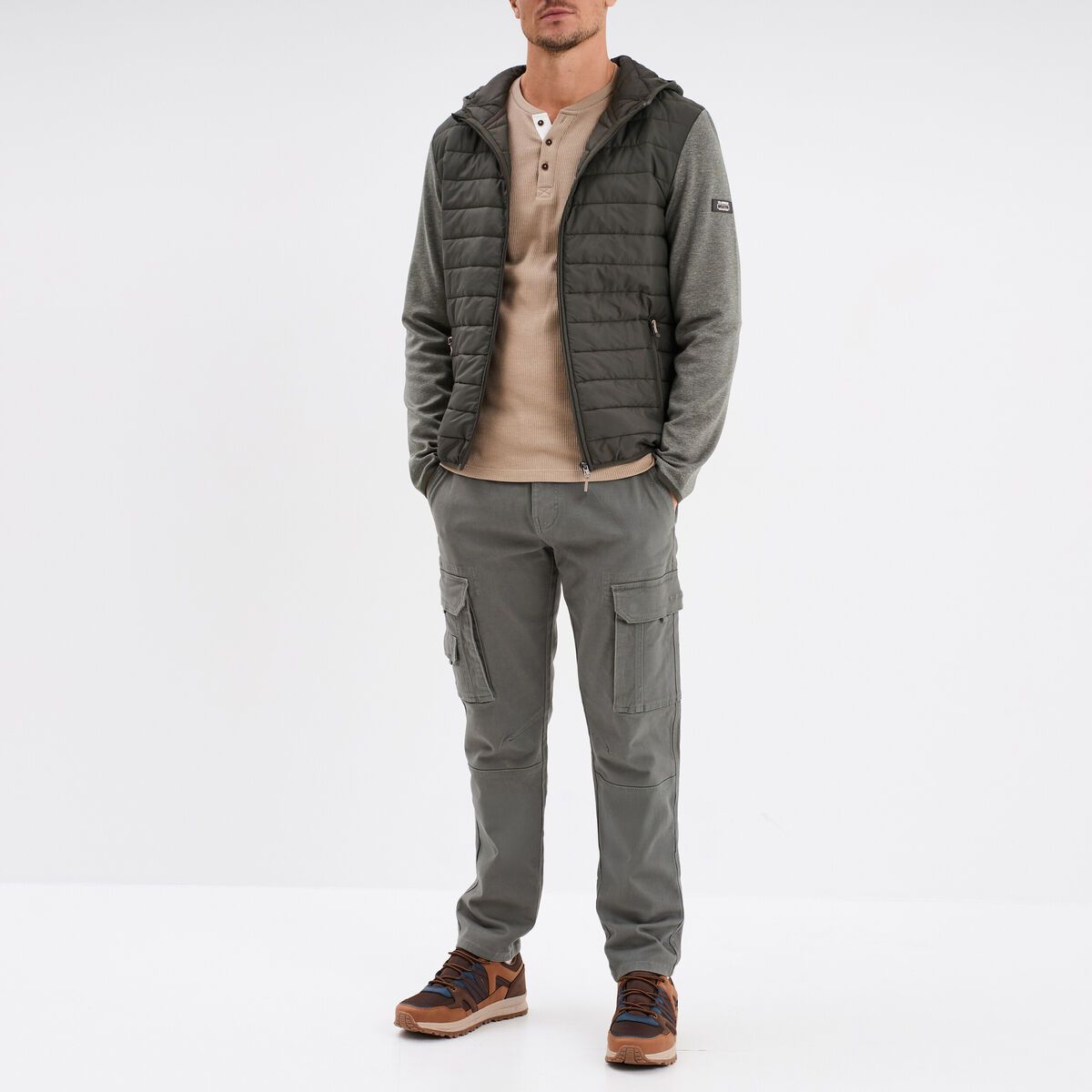 T-shirt col tunisien 1 poche Trappeur taupe homme