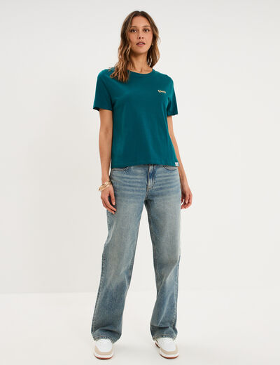 T-shirt col rond manches courtes vert fonc&eacute; femme
