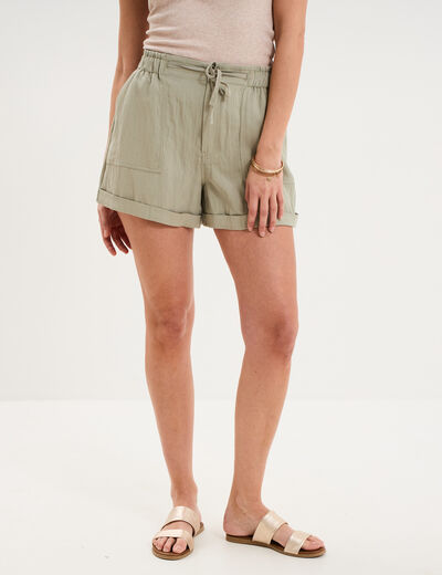 Short cargo taille &eacute;lastiqu&eacute;e vert kaki femme
