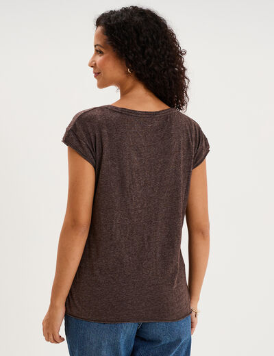 T-shirt col v poche poitrine marron fonc&eacute; femme