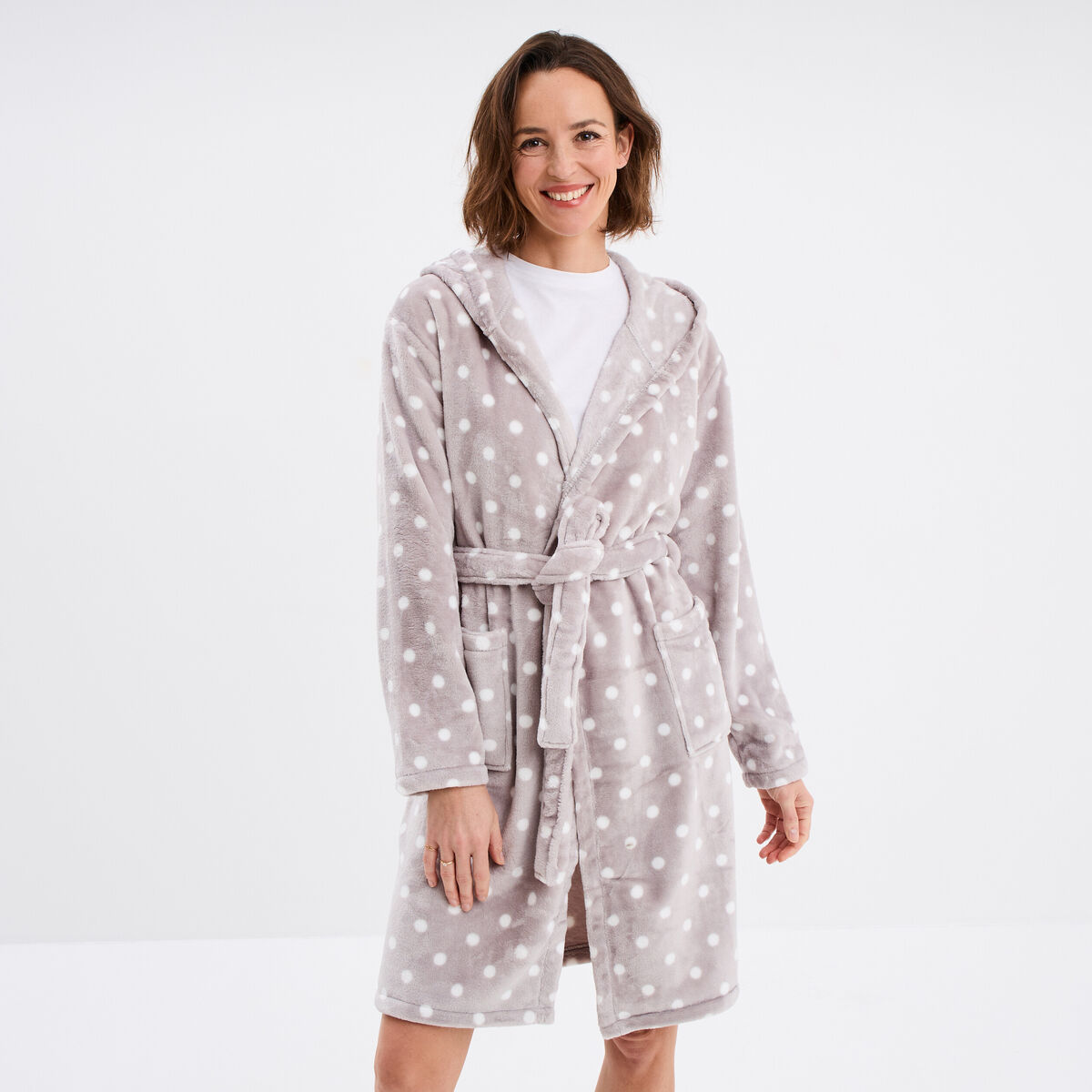 Peignoir long effet polaire à capuche gris femme