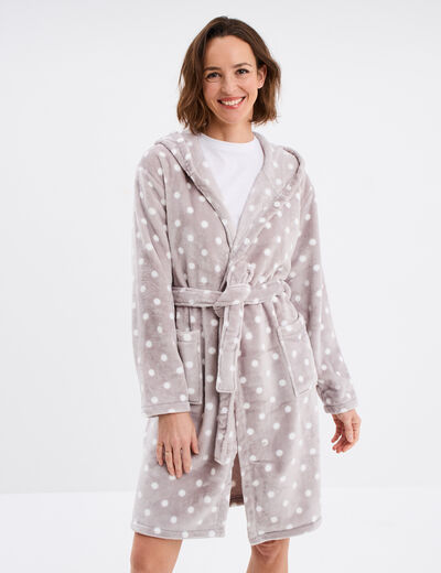 Peignoir long effet polaire à capuche gris femme