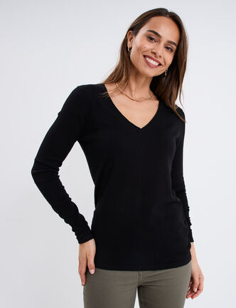 Pull ajusté avec col en V noir femme
