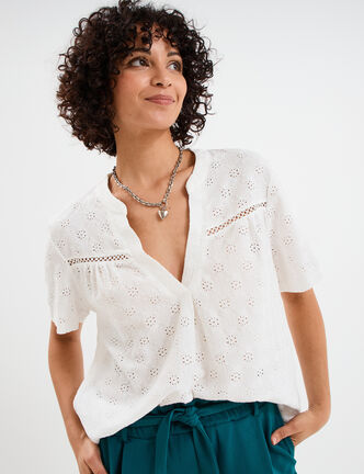 T-shirt broderie anglaise col tunisien blanc femme