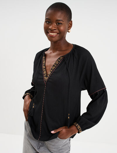 Blouse droite col tunisien avec pompons noir femme