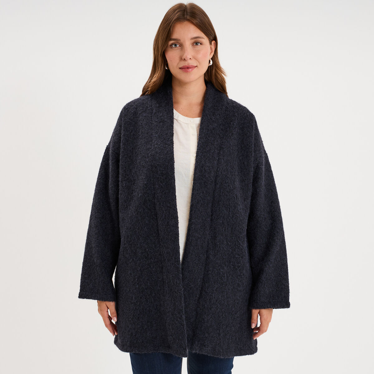 Veste mi-longue effet bouclette bleu marine femme grande taille