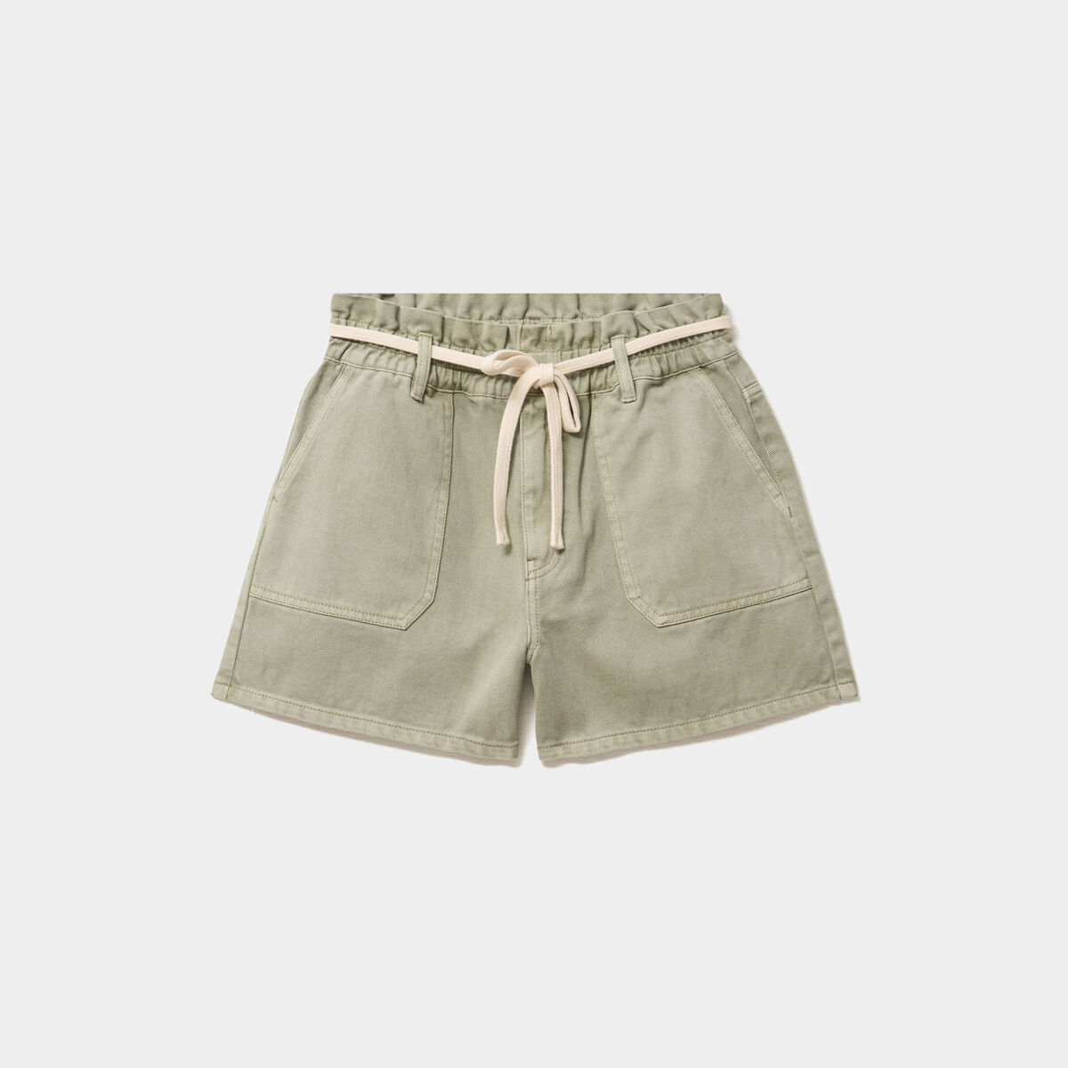Short mom ceinture cordon coton vert kaki femme