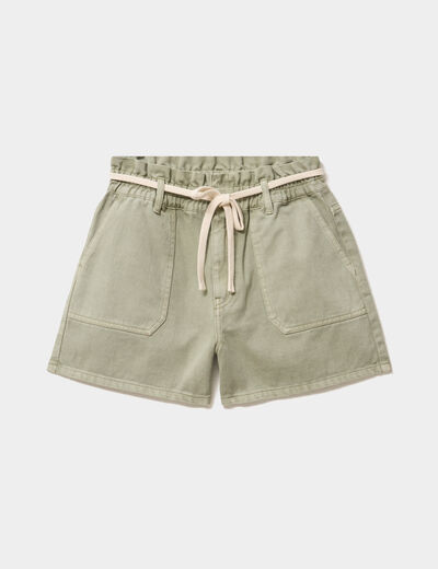 Short mom ceinture cordon coton vert kaki femme