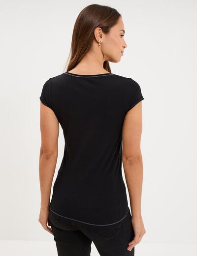 T-shirt col V ajust&eacute; manches courtes noir femme