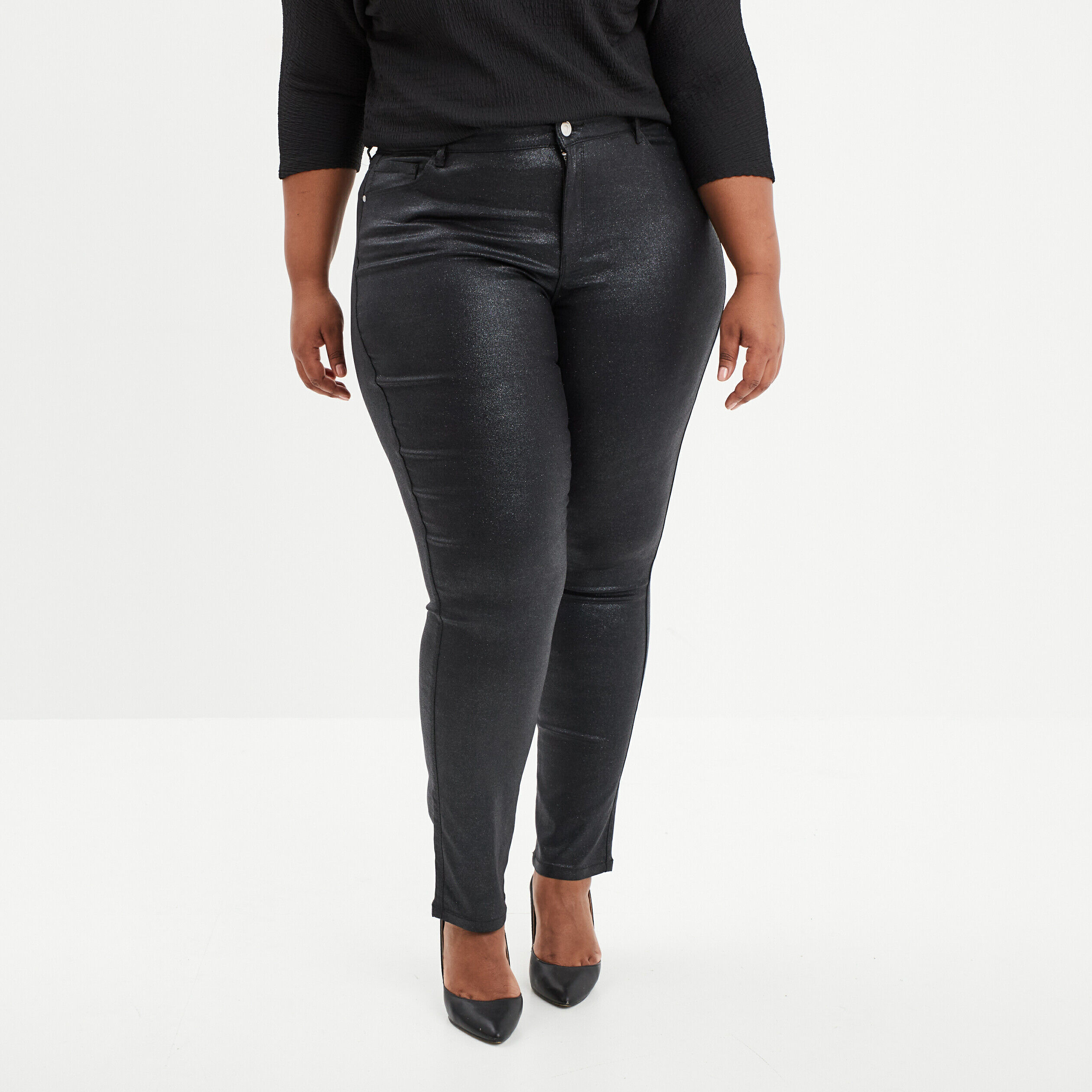 Pantalon slim pailleté 5 poches noir femme grande taille MODAVISTA