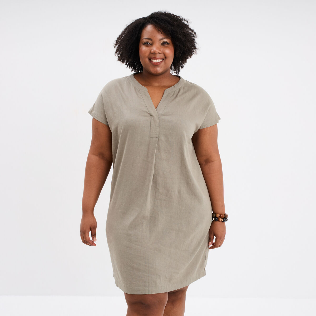 Robe droite genou col tunisien vert kaki femme grande taille