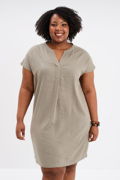 Robe droite genou col tunisien vert kaki femme grande taille