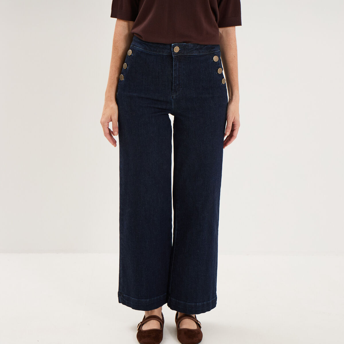 Jean large cropped &agrave; pont taille haute denim brut femme