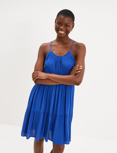 Robe fluide &agrave; volants fines bretelles bleu electrique femme