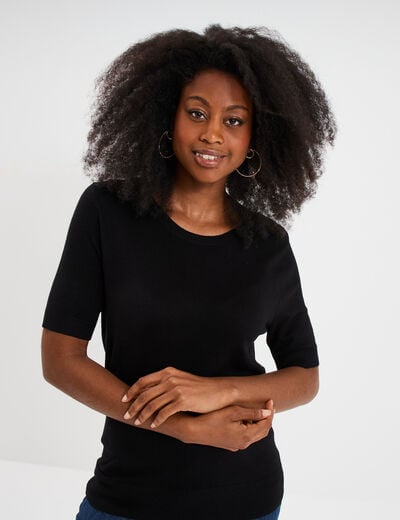 Pull manches courtes col rond noir femme