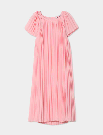 Robe plissée manches courtes col rond rose clair fille