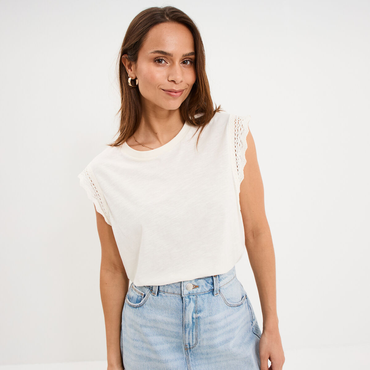D&eacute;bardeur emmanchures &agrave; dentelle coton ecru femme