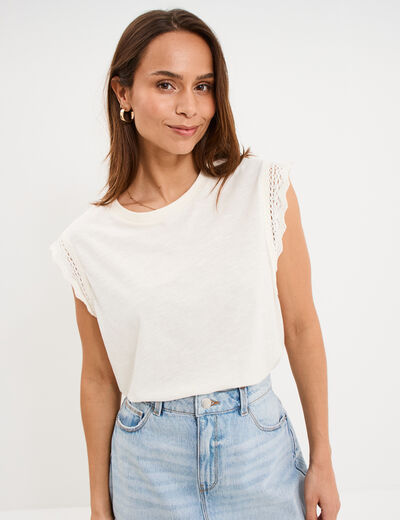 D&eacute;bardeur emmanchures &agrave; dentelle coton ecru femme