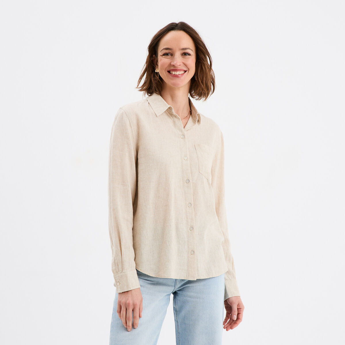 Chemise lin m&eacute;lang&eacute; manches longues beige femme
