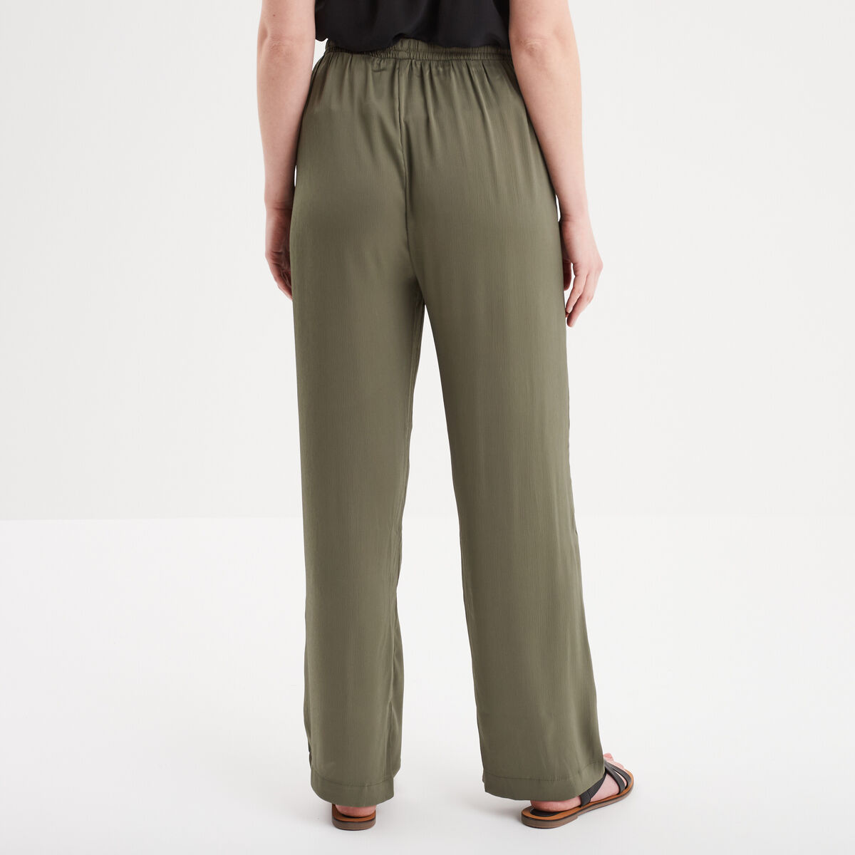 Pantalon fluide taille élastiquée vert kaki femme