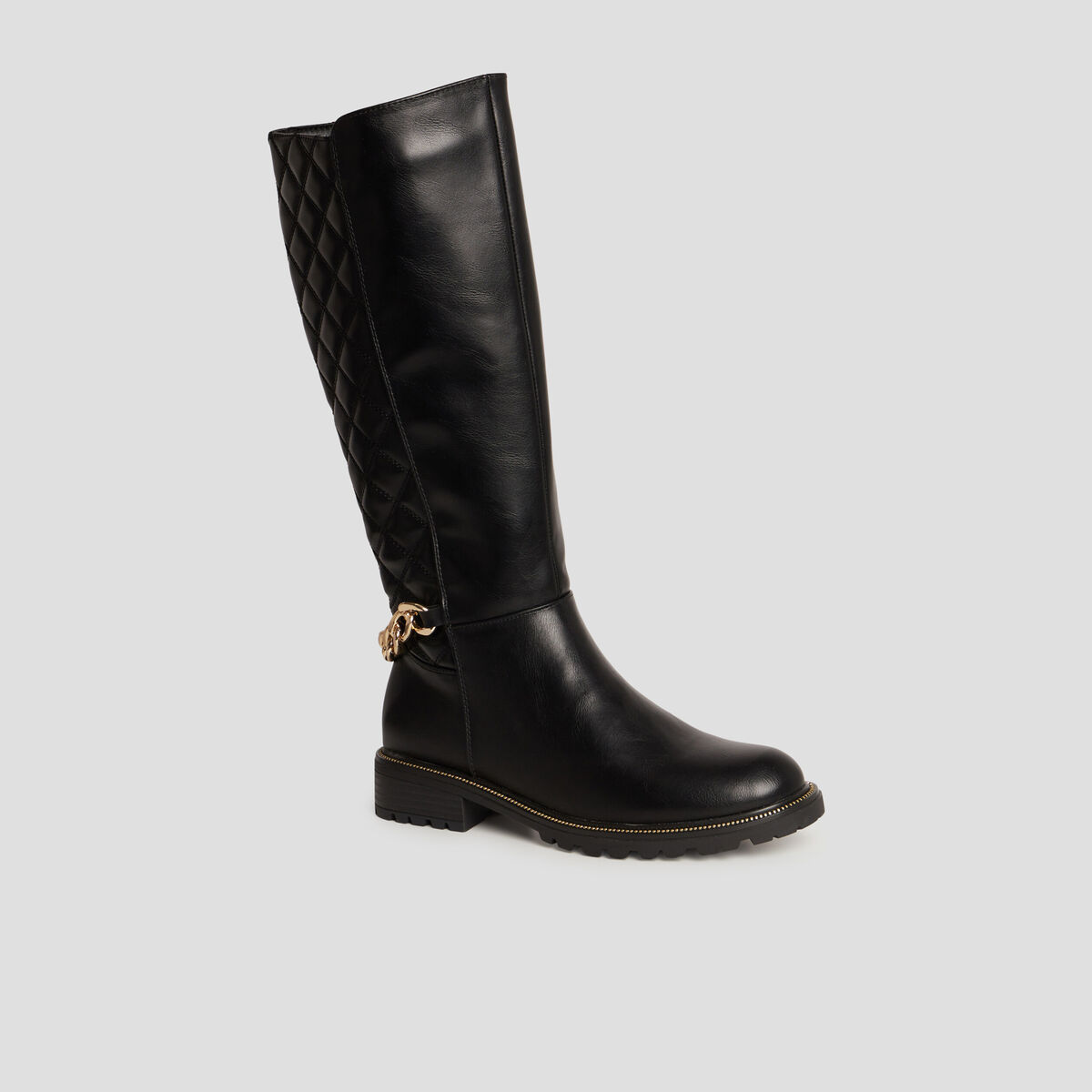 Bottes hautes matelassées avec chaînes noir femme