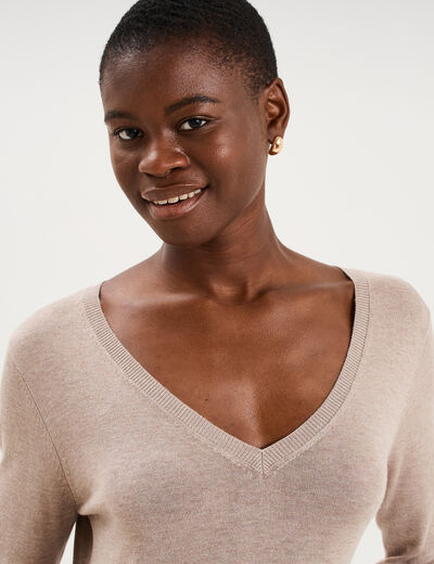 Pull col en V manches longues beige femme