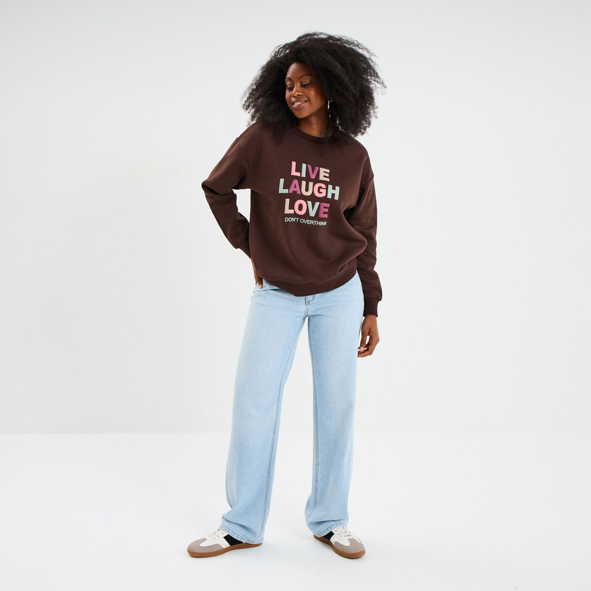 Sweat col rond manches longues marron foncé femme