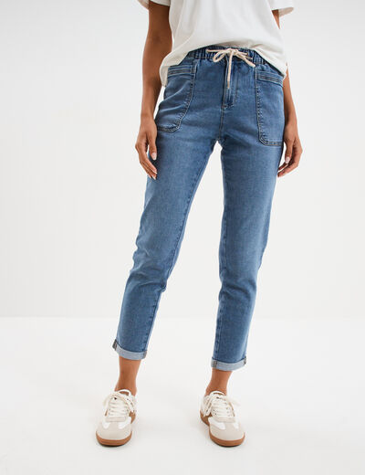 Jeans droit taille élastiquée denim stone femme