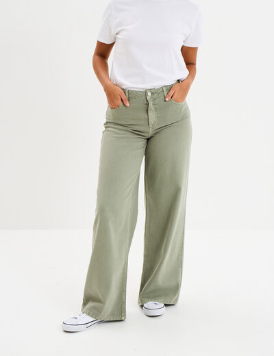 Jeans large taille haute coton vert kaki femme