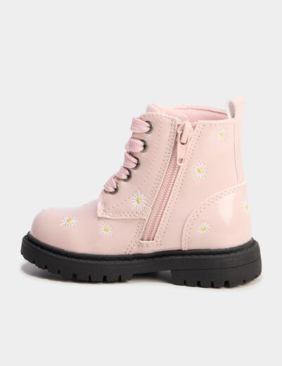 Bottines zipp&eacute;es vernies &agrave; broderie rose b&eacute;b&eacute; fille