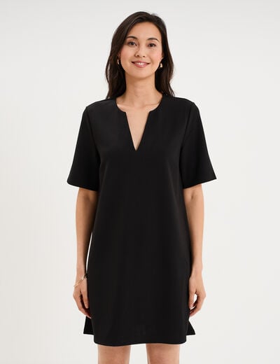 Robe courte col en V manches courtes noir femme