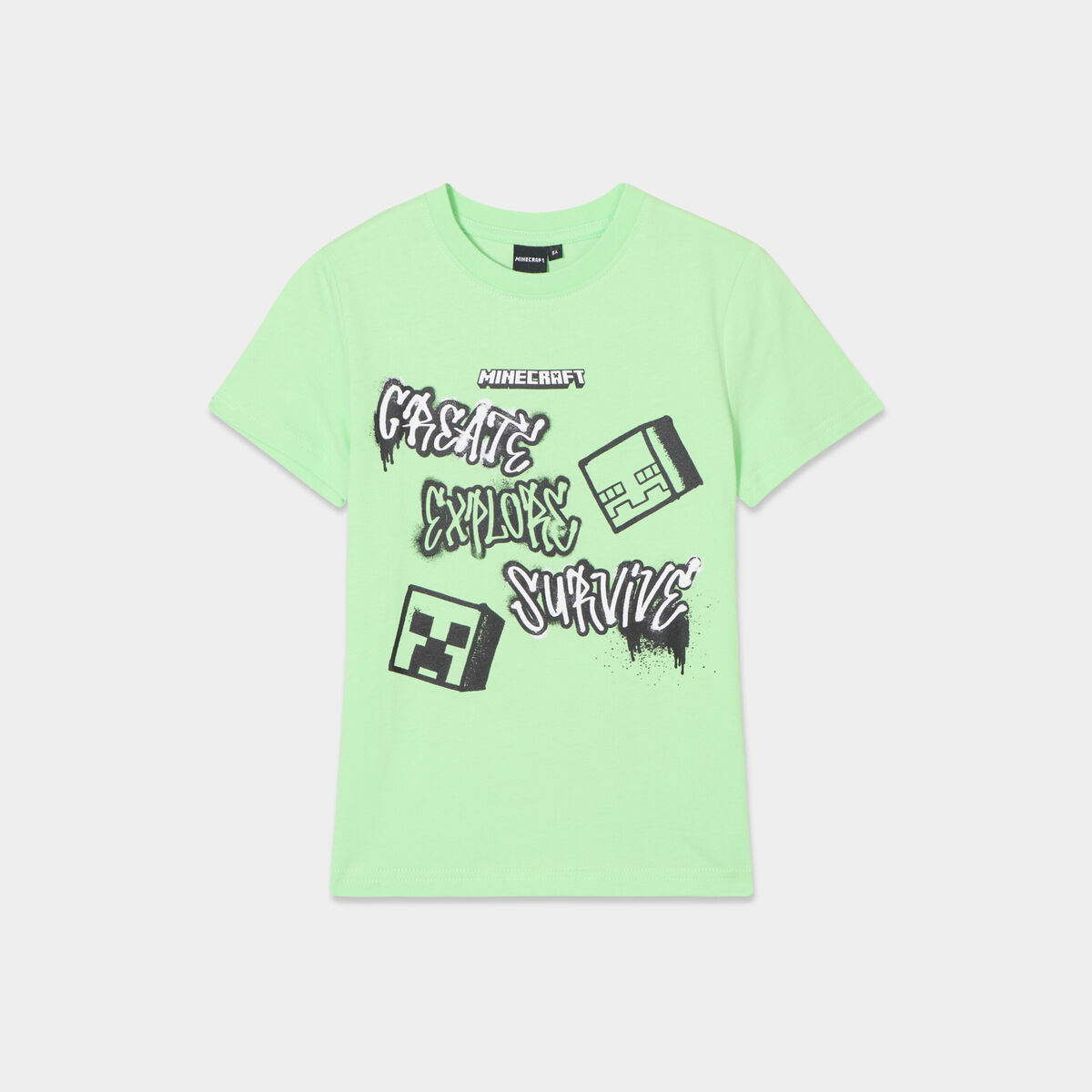 T-shirt manches courtes coton Minecraft vert fluo garçon