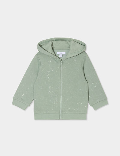 Sweat zippé paillettes à capuche vert kaki bébé fille