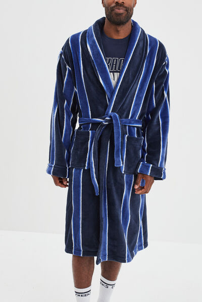 Peignoir rayures velours ceinturé bleu marine homme