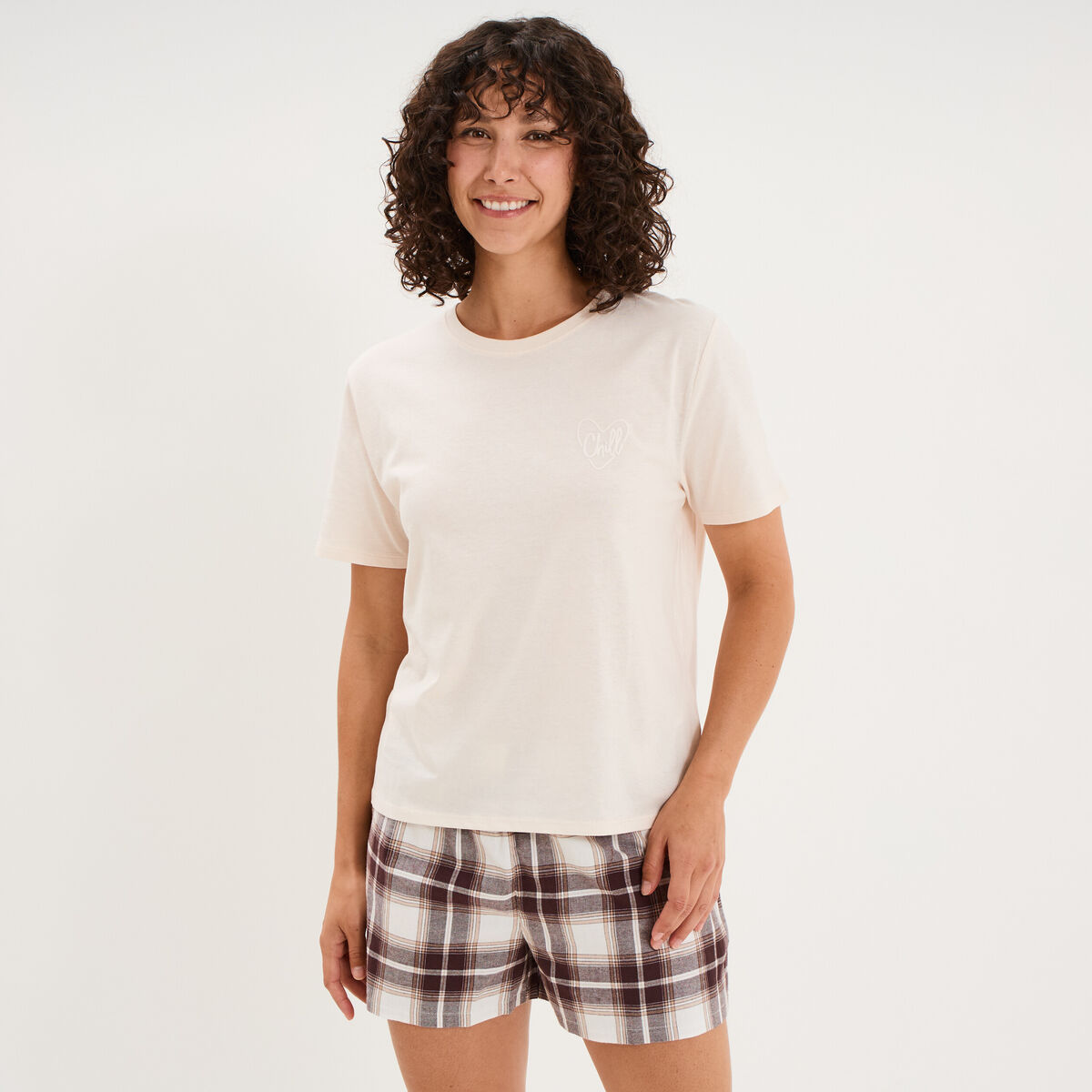 Ensemble pyjama short et t-shirt coton marron femme