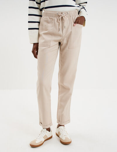 Pantalon mom taille &eacute;lastiqu&eacute;e beige femme
